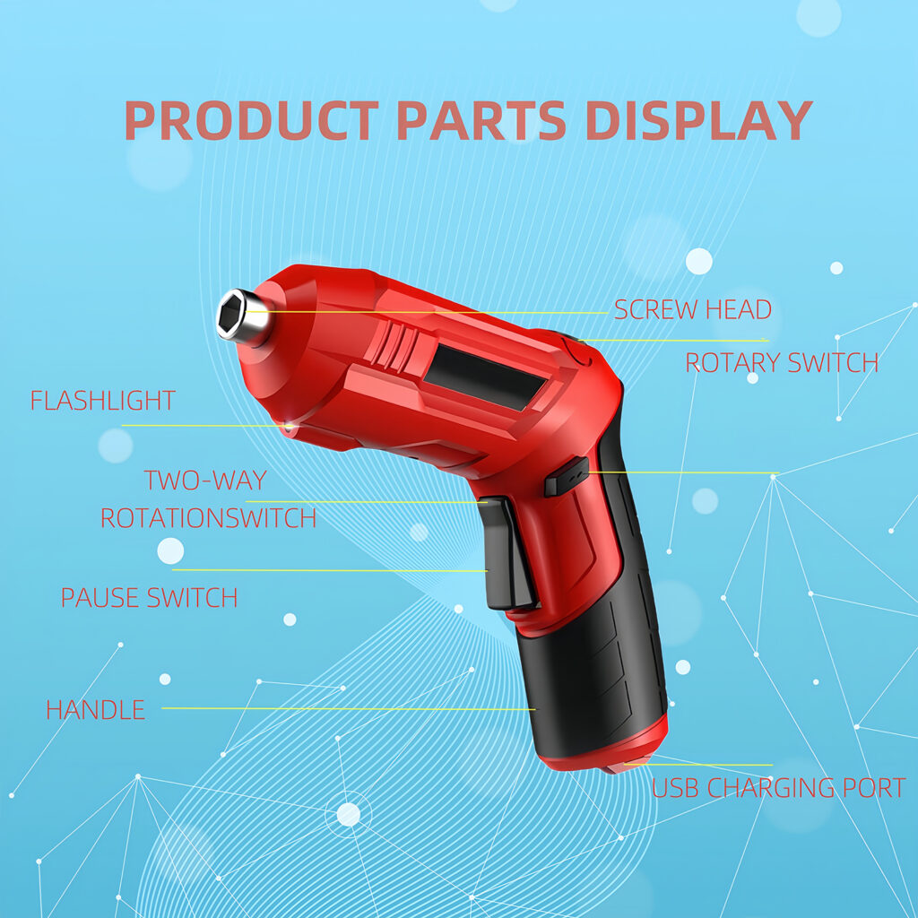 Electric Screwdriver Goldsea 4.2V Cordless Screwdriver 3.5N.m 1500mAh Type-C Charging 10pcs Screwdriver Bits 1/4” Hex Chuck 90°/180° deformation handle Forward and reverse adjustment LED Light