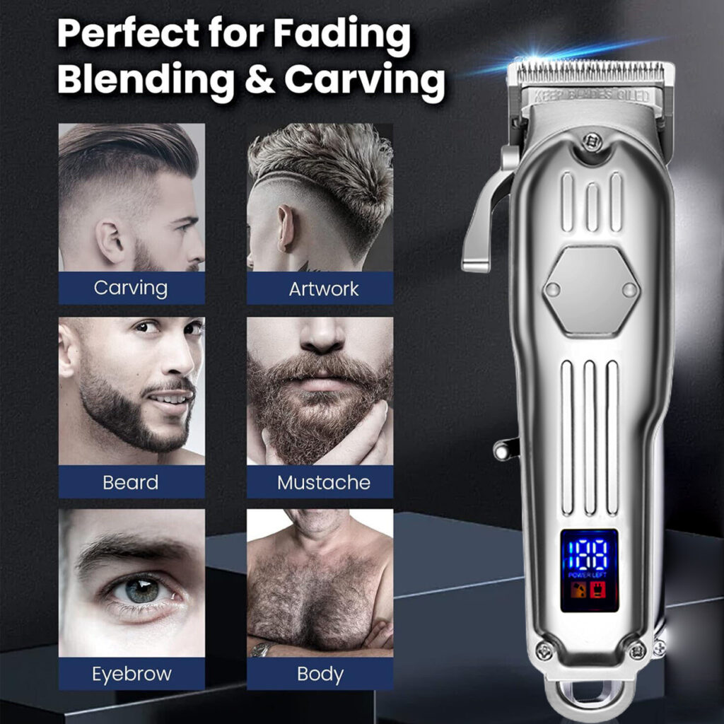 Hair Clippers for Men Professional – Cordless Barber Clippers for Hair Cutting & Grooming, Rechargeable Beard Trimmer with Large LED Display & Silver Metal Casing