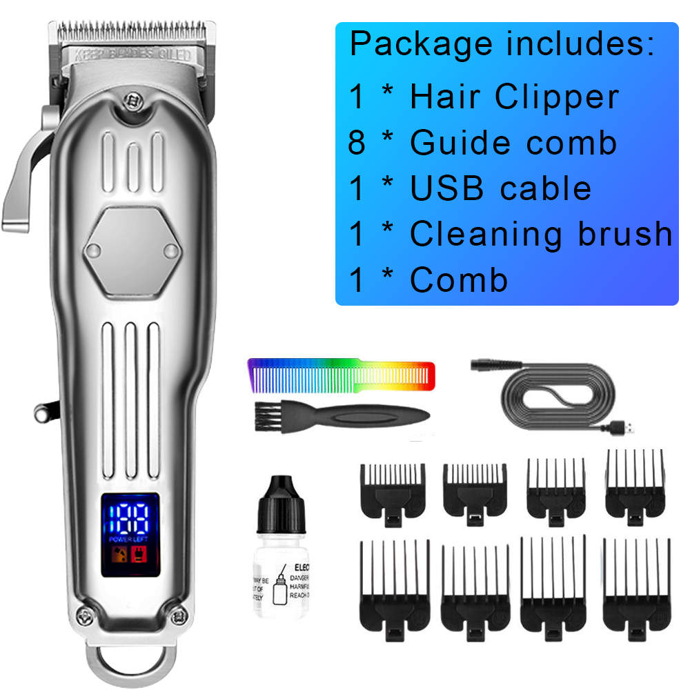 Hair Clippers for Men Professional – Cordless Barber Clippers for Hair Cutting & Grooming, Rechargeable Beard Trimmer with Large LED Display & Silver Metal Casing