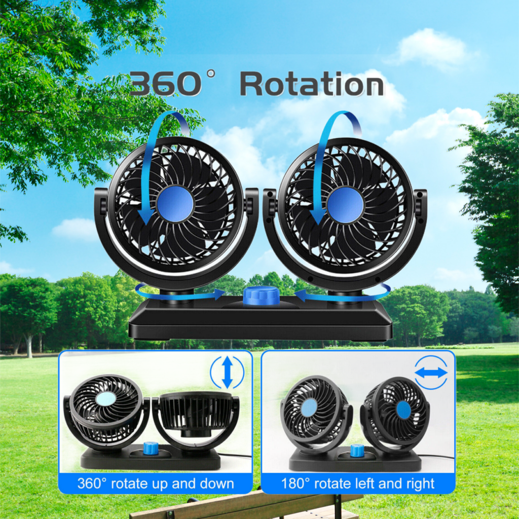 360 Degree Rotatable Car Fan 12V DC Electric 2 Speed Dual Head Fans, Quiet Strong Dashboard Cooling Air Circulator Fan for Sedan SUV RV Boat Auto Vehicles Golf or Home